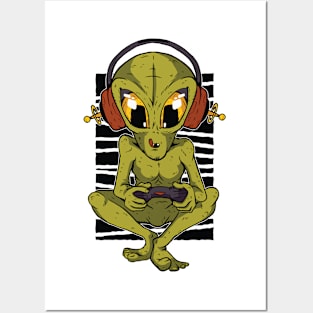 Green Alien Gamer Posters and Art